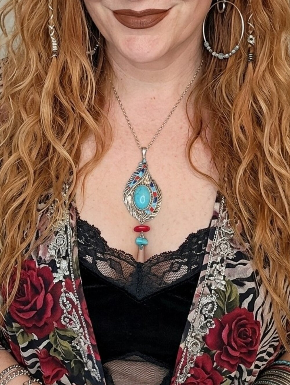 Silver Turquoise Pendant Necklace w/Red & Blue Accents, Boho, Feather, Native
